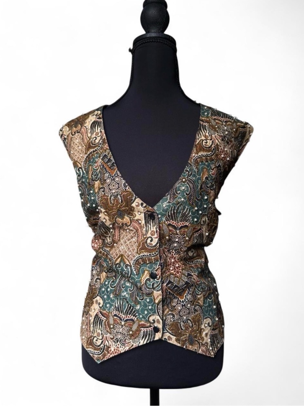 80s Vintage Paisley-Print V-Neck Button-Front Womens Top in Teal, Brown & Cream